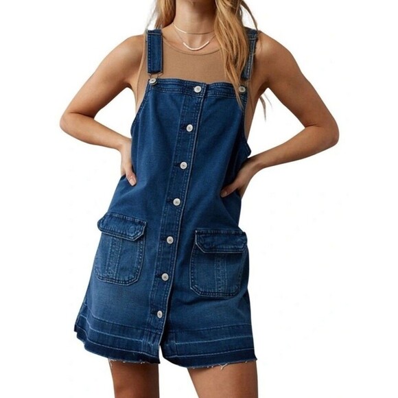 American Eagle Denim Pinafore Jumper Dress Size Medium Blue Raw Hem Pockets NWT - Picture 1 of 11